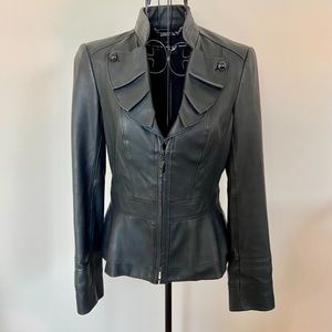 WHBM Black Ruffle Front Fitted Leather Jacket XS